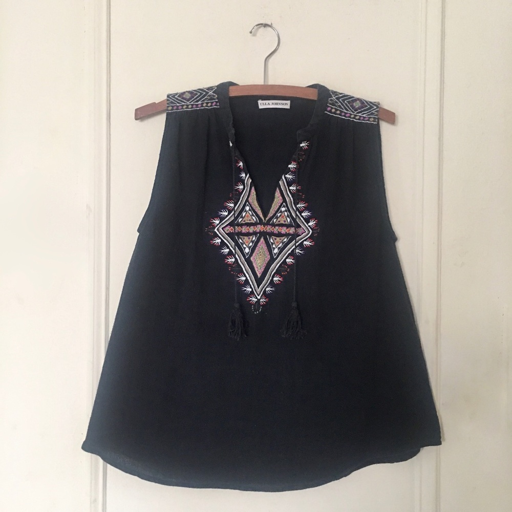 Ulla Johnson Black 100% Silk Knit Tank Sleeveless  Blouse w Geometric Embroidery
